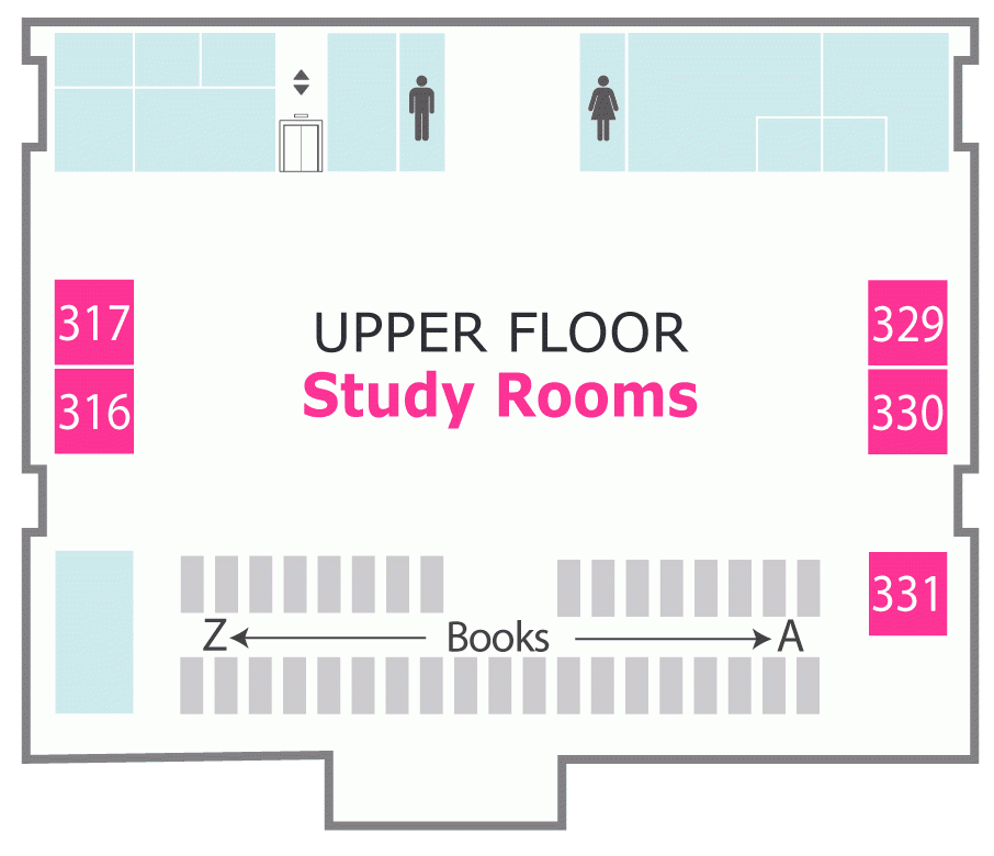 Study room locations top floor. Ask at the desk if you need directions.