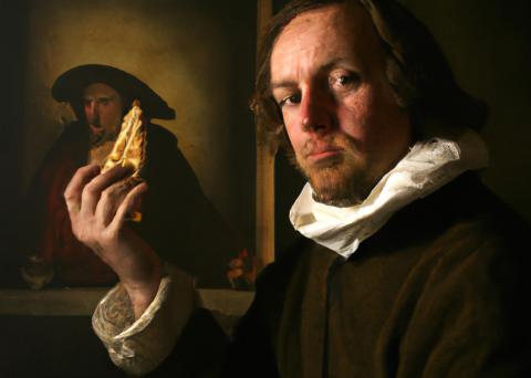 AI generated picture of a man eating pizza in the style of Rembrandt.