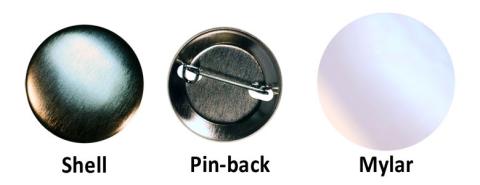 Button making parts: shell, pin-back, and mylar