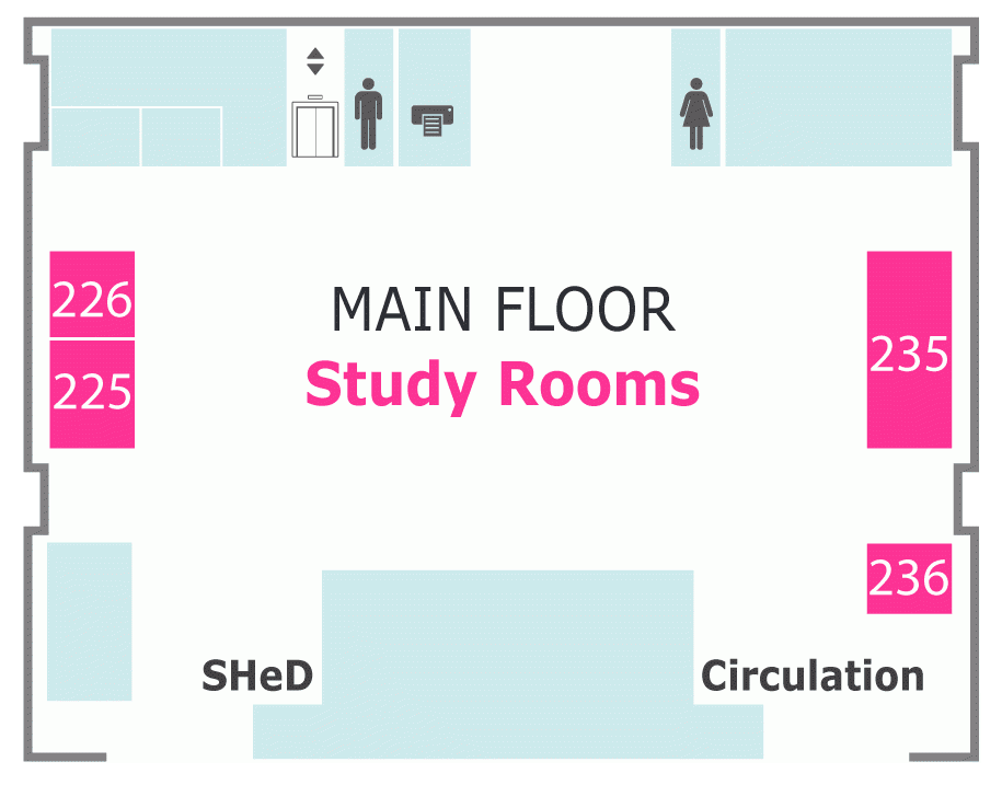 Study room map. Ask at the desk for directions to the studyrooms.